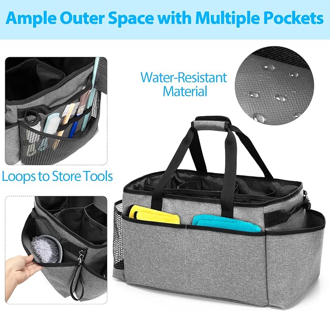 HODRANT Extra-Large Cleaning Caddy with Handles & Multi Pockets | Large Capacity Tote Bag for Cleaning Tools & Products Storage, Cleaner Organizer for Car, Home & Housekeeping Work, Gray