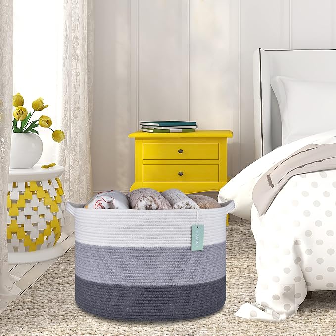 Large Cotton Rope Blanket Basket, 87L Laundry Hamper, White & Gray