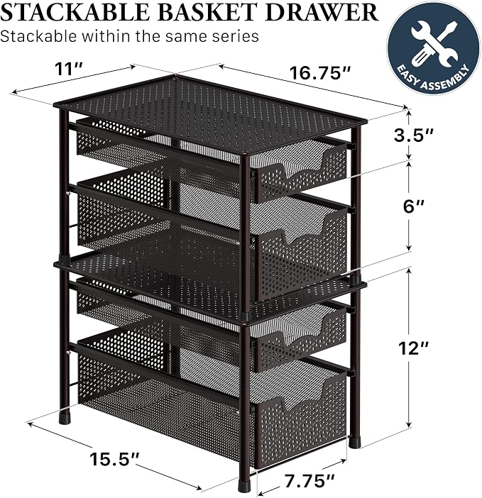 Simple Houseware Stackable 2 Tier Sliding Basket Organizer Drawer, Bronze