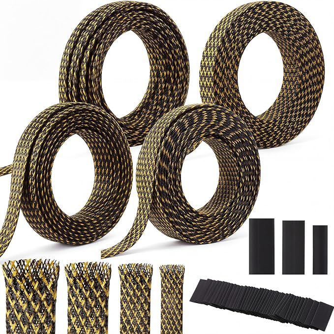 Tatuo 151 ft Braided Cable Sleeve Expandable Wire Sheathing(Gold, Black) | with 120 Heat Shrink Tubing 1/4 in 2/5 in 1/2 in 3/4 in Wire Sleeve Cord Management for Television Audio Computer Video Pets