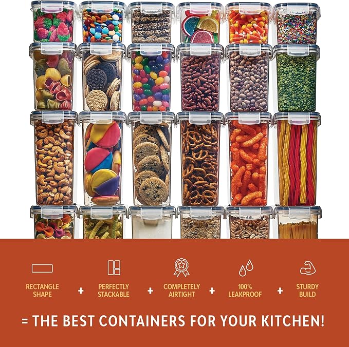 24 Pack Airtight Food Storage Container Set - BPA Free Clear Plastic Kitchen and Pantry Organization Canisters with Durable Lids for Cereal, Dry Food Flour & Sugar - Labels, Marker & Spoon Set
