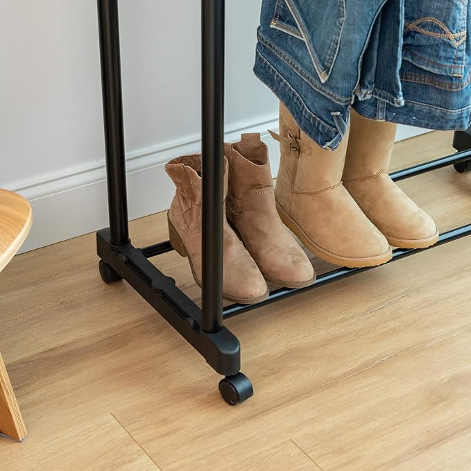 IRIS USA Portable Double-Rod Height Adjustable Clothes Rack with Extendable Bar and Lockable Wheels, Rolling Garment, Double Rod Wardrobe Rack, Easy Assemble, for Clothes, Belts, Shoes, and Bags | Adjustable hanging space for garments, accessories, and...