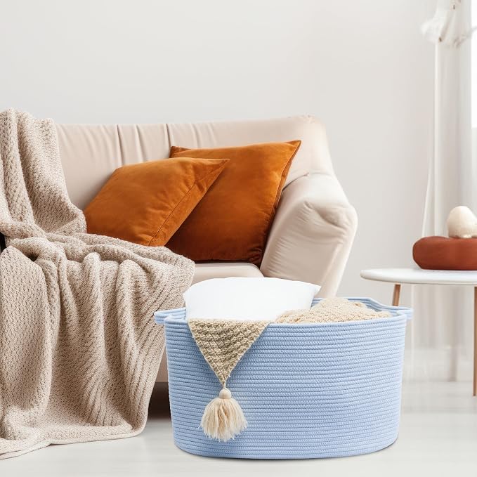 XUANGUO Large Rectangle Woven Cotton Rope Blanket Basket 22"x17"x12" Blue | Storage basket for living room; toy basket for kids, dog toy storage, laundry basket for clothes and towels, or gift basket.