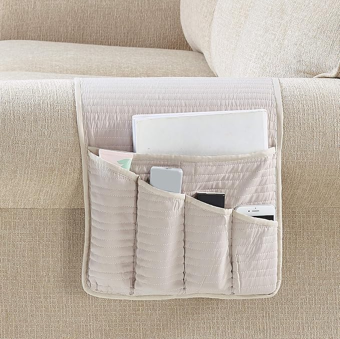 Brilliant Sunshine Light Beige Quilted Couch Armrest Cover, 35"×13" | Washable Magazine Holder, Armrest Organizer & Caddy on Sofa, Recliner, Armchair, Storage for Remote Controls, Phone, iPad