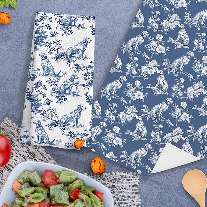 Nipi Chinoiserie Golden Retriever Kitchen Towels Set of 2,Blue And White Floral Golden Retriever Decorative Dish Tea Towels,Grandmillennial Botanical Dog Hand Towels for Kitchen Bathroom, 16x24 Inch