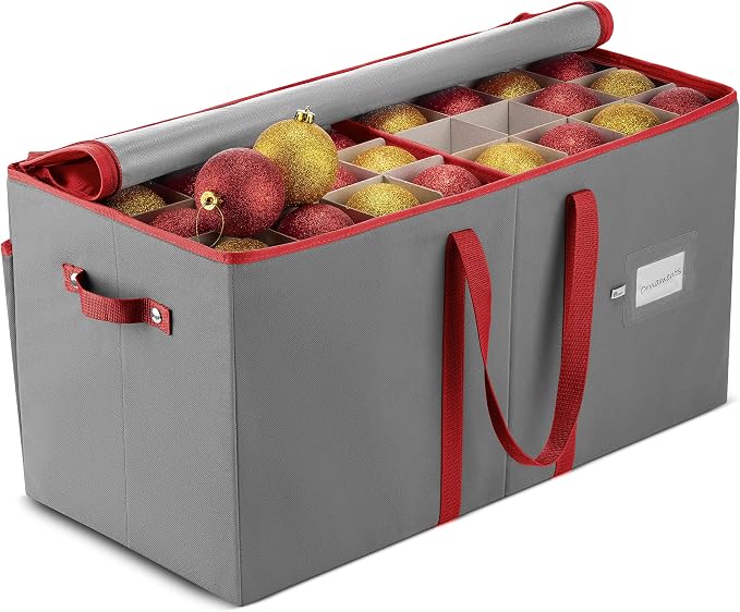 ZOBER Large Christmas Ornament Storage Box - Stores 128 3" Ornaments, With Dividers - Ornament Organizer Storage Box, Durable Christmas Containers Holder - Extra Pockets, Dual Zipper - Gray