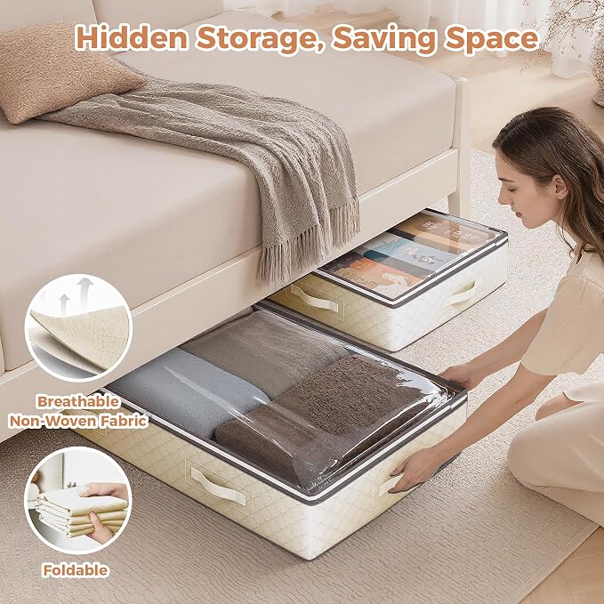 6 Pack 95L Under Bed Storage Containers Beige | Underbed Storage Bags for Blankets, Towels, Comforter, Sweaters, Linen Sheets, Wrapping Paper