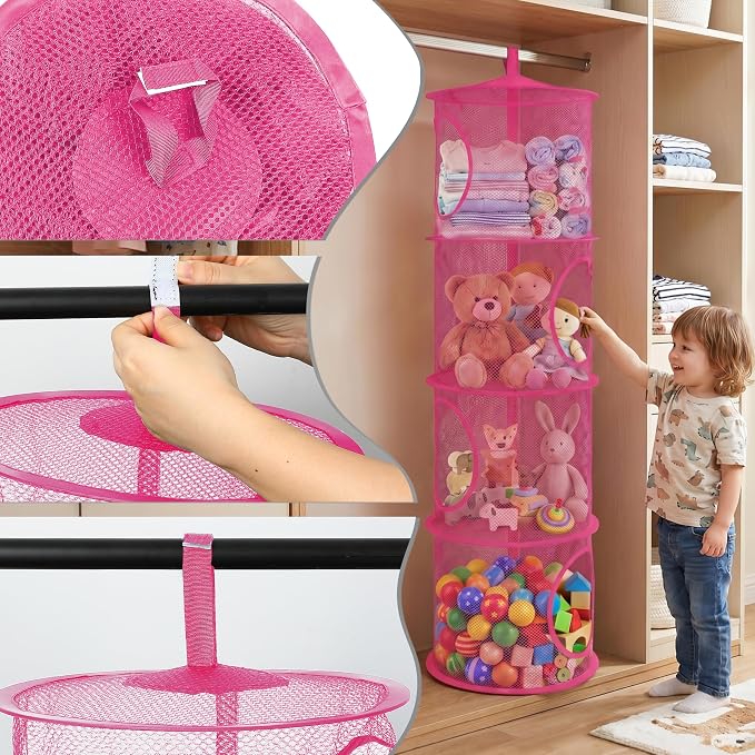 Hanging Stuffed Animal Storage Hammock Net 4 Tiers, Hot Pink | Hanging Mesh Storage Organizer for Kids Room, Holds Plushies, Gloves, Hats, Socks, Foldable Space-saving Design
