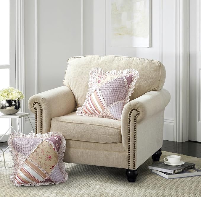 Brilliant Sunshine Pink Rosette & Stripes Ruffle Pillowshams Set, 18"x18" | Patchwork Design with Ruffles, Quilted Pillow Covers, Washable Throw Cushion Cases for Couchs and Beds, Pack of 2