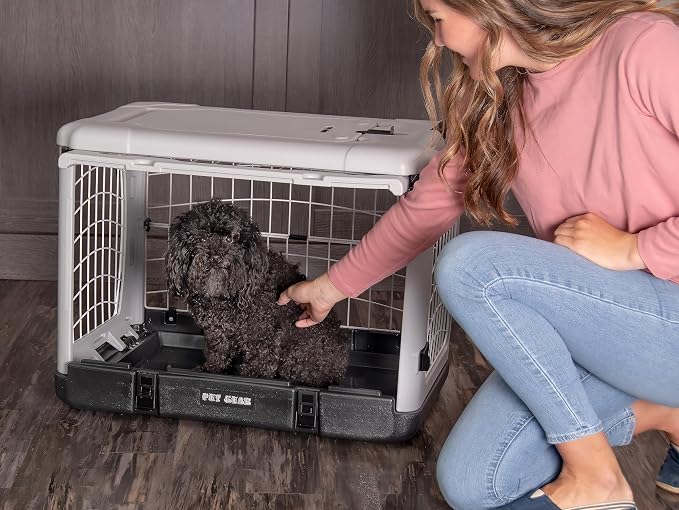 Pet Gear “The Other Door” 4 Door Steel Crate for Dogs/Cats with Removable Tray, Essential Grey, 27 Inch | Garage-Style Door, Includes Removable Tray, No Tools Required