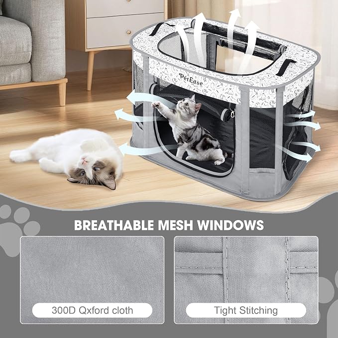 Portable Cat Playpen with Litter Box, Cat Enclosure for Camping, Cat Recovery Playpen After Surgery, Foldable Indoor Outdoor Pet Tent for Cats Rabbits Puppies (Light Gray)