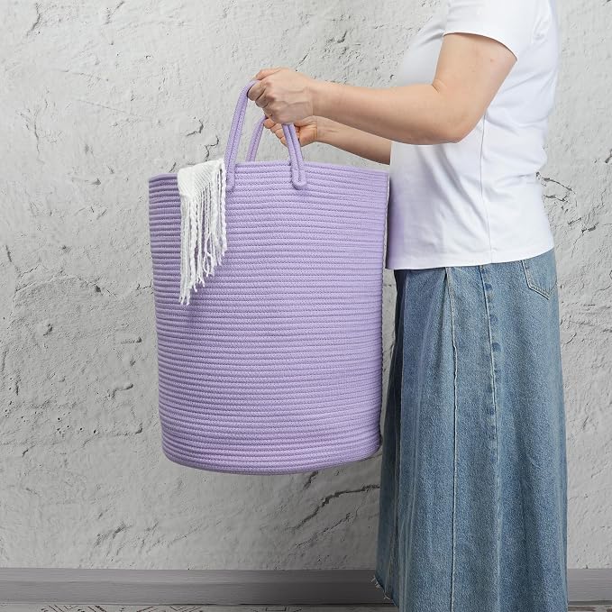 Woven Cotton Rope Laundry Basket, 15" x 20" Laundry Hamper, Purple | Rope storage basket for dirty clothes, toys and blankets. Perfect for bathroom, baby nursery and living room storage.