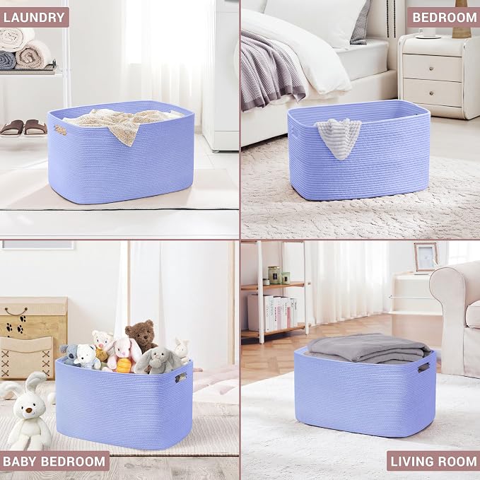 86L Large Woven Laundry Basket Hamper with Handles, Blue Purple | collapsible wicker hamper, storage for dirty clothes, toys, blankets, gifts, living room, bedroom, bathroom, 24"x16"x14"