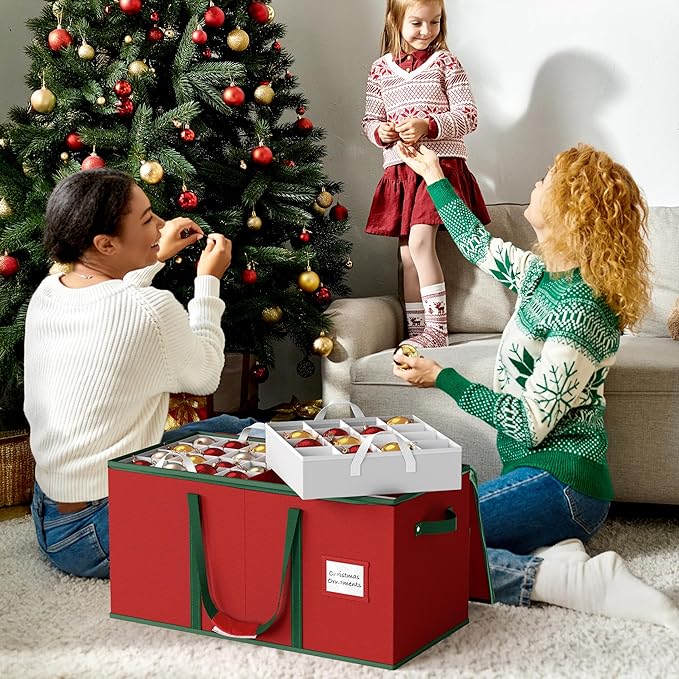 Simple Houseware 128 Christmas Ornament Storage Box with Adjustable Divider | Heavy-Duty