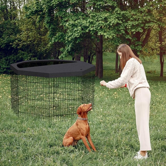 Peekaboo Dog Playpen 36 Inch, 8 Panel Metal Pet Fence with Top Cover | 36 Inch 8 Panel Foldable Rustproof Metal Dog Playpen with Octagonal Top Cover