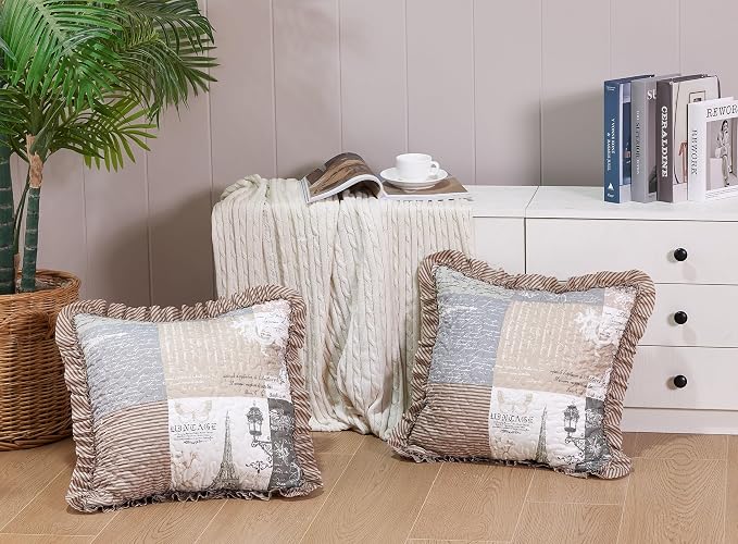 Brilliant Sunshine Latte Grey Paris & Toile Ruffle Pillowshams Set, 18"x18" | Patchwork Design with Ruffles, Quilted Pillow Covers, Washable Throw Cushion Cases for Couchs and Beds, Pack of 2