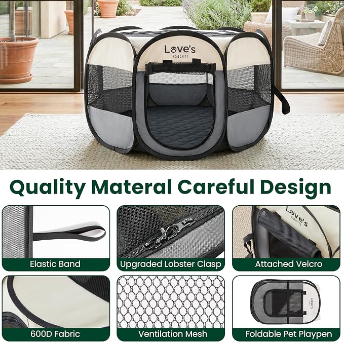 Love's cabin Dog Playpen with Washable Pee Pad, Puppy Pet Cat Playpen Small Dogs Tent Crate Indoor/Outdoor, Portable Pop Up Kennel with Carrying Case for Cats/Rabbits(Grey,Small with pad)