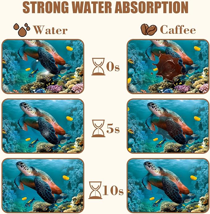 Sea Turtle Coffee Mat Absorbent Dish Drying Mat for Kitchen Counter Hide Stain Rubber Backed Coffee Bar Accessories Fit Under Espresso Machine Dish Rack, 11.8 x 19.7 Inch