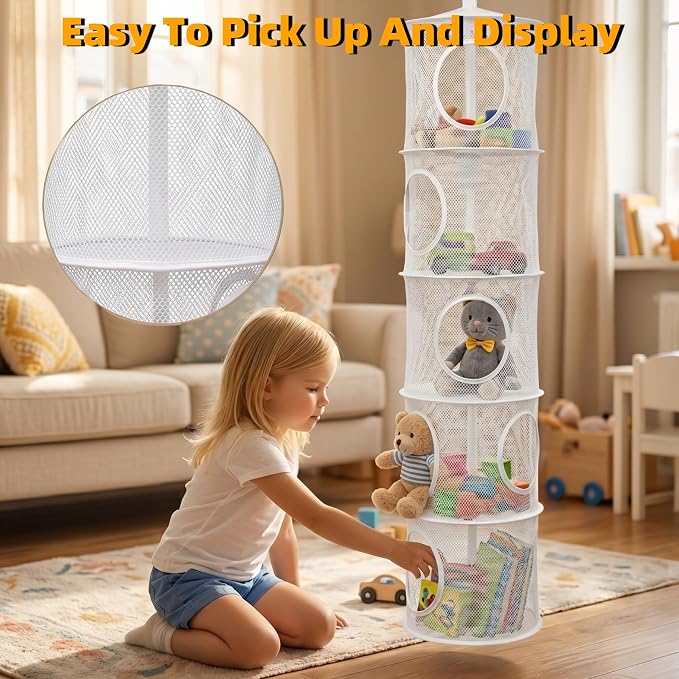 3Pcs Hanging Stuffed Animal Storage Hammock Net 5 Tiers, White | Hanging Mesh Storage Organizer for Kids Room, Holds Plushies, Gloves, Hats, Socks, Foldable Space-saving Design