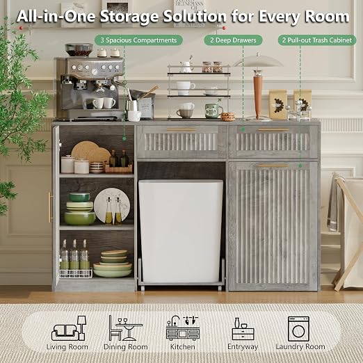 Double 13 Gallon Pull Out Trash Can Cabinet with Storage Cabinet,Wood Grey | Pet Proof Hidden Garbage Can Cabinet,3-Tier Shelves,Fluted Design,Extra Drawer Space,Kitchen & Dining Room Organization