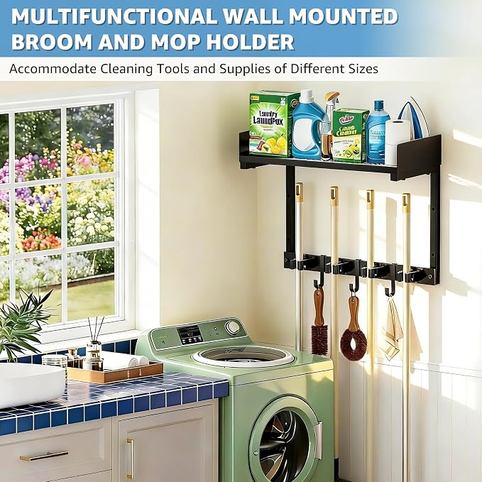 HUFAND 15" Wall Mounted Broom Holder and Mop Organizer with Shelf and Hook | Black Broom Holder Wall Mount, 4 Grippers, 3 Movable S-Hooks, For Garage And Laundry Room Storage