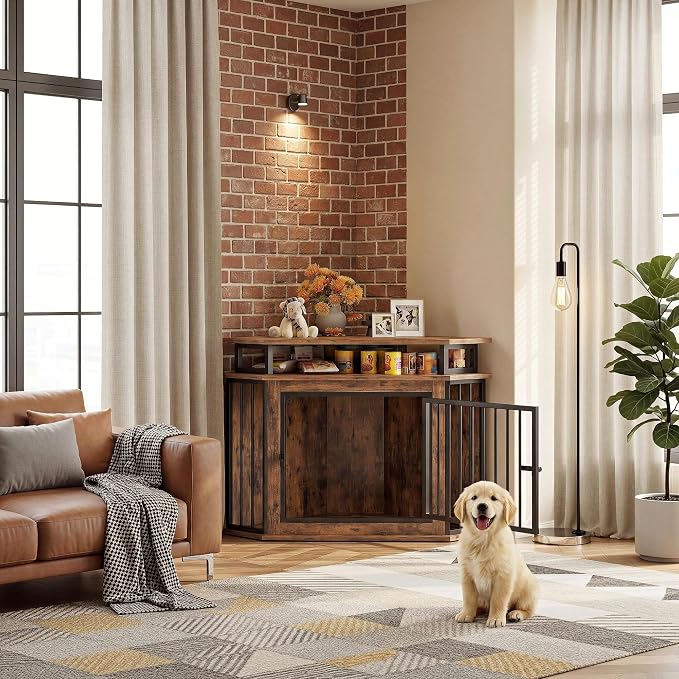 IRONCK 43.3" Corner Dog Crate Furniture with 2-Tier Shelves Rustic Brown | 10mm thickened iron frame. 180 lb tabletop. 23.6"L x 43.3"W x 32"H. Space-Saving Indoor crate for small dogs