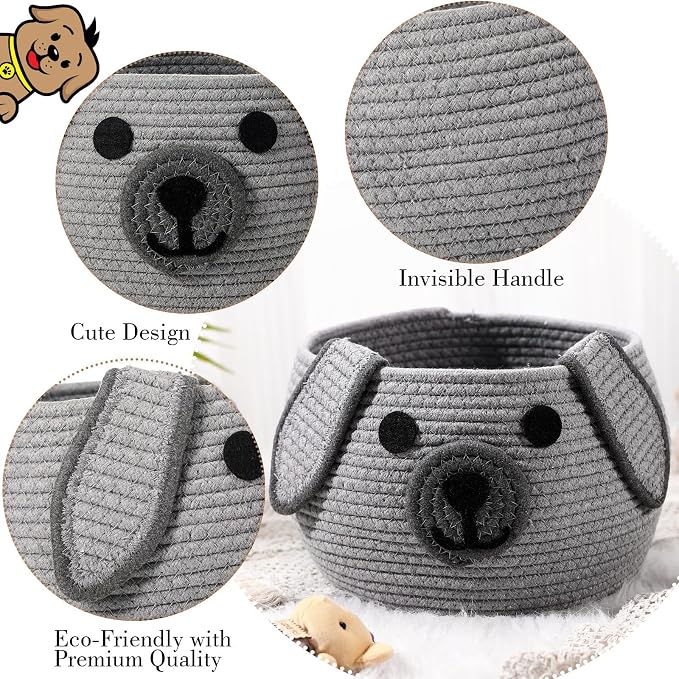 Zopeal Woven Dog Basket with Handle Toy Storage, Gray, 13 x 8 Inch | Pet Gift Basket, Toys Storage Organizer, Cotton Rope Rectangular Bin, Keeps Puppy Items Organized, Sturdy Handles