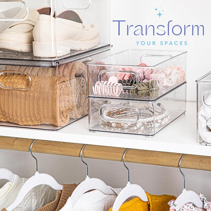 primebox - Clear Plastic Organizing Containers, 4 Pack - Stackable Storage Bins with Handles, 10"x6"x3"