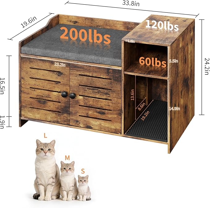 Cat Litter Box Enclosures, Large Hidden Cat Litter Box Furniture with Double Door, Wooden End Table Litter Box Cabinet with Storage Shelf, Cushion & Litter Mat, Dog Proof Design, Modern Cat House