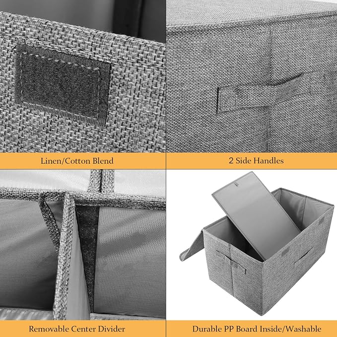 2 Pack Large Linen Fabric Collapsible Storage Bins with Lid and Handles, Washable Storage Box Baskets Cube with Removable Divider for Bedroom,Closet,Office,Living Room,Nursery (Black, Small)