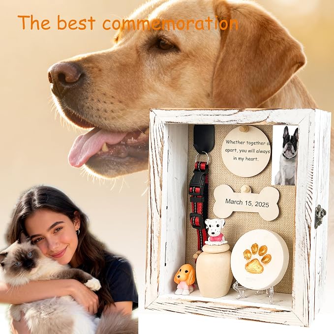 Solid Wood 8x10 Pet Memorial Shadow Box White Urn Ashes Display Case with Paw Print Kit Dog Memorial Keepsake Gift for Loss of Pet