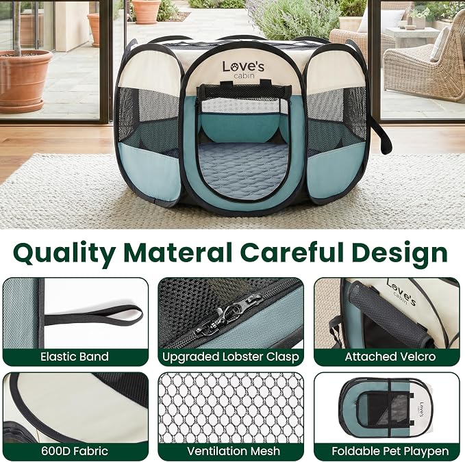 Love's cabin Dog Playpen with Washable Pee Pad, Puppy Pet Cat Playpen Small Dogs Tent Crate Indoor/Outdoor, Portable Pop Up Kennel with Carrying Case for Cats/Rabbits(Moss Green,Small with pad)