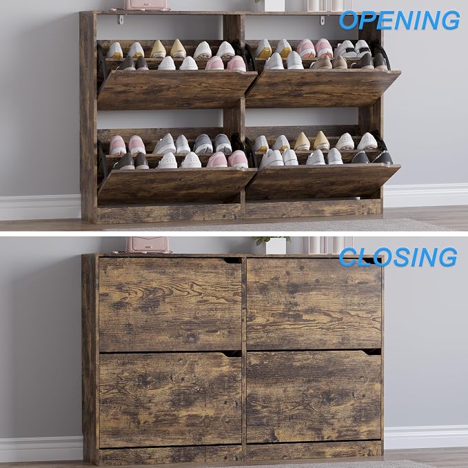 BORNOON Shoe Cabinet with 4 Flip Drawers, Narrow Hidden Shoe Storage Cabinet, Slim Freestanding Shoe Rack Organizer for Entryway, Hallway, Bedroom, Living Room