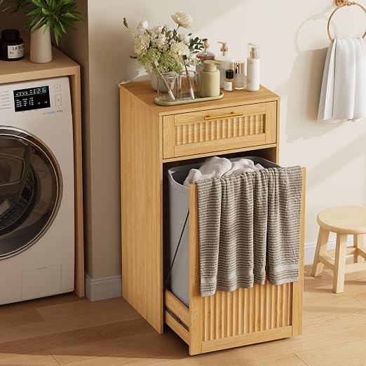 13 Gallons Pull Out Trash Can Cabinet, Hidden Trash Can, Natural Oak | Fluted Kitchen Trash Cabinet with Drawer, Freestanding Garbage Pet Proof Trash Can Holder for Laundry, Living Room
