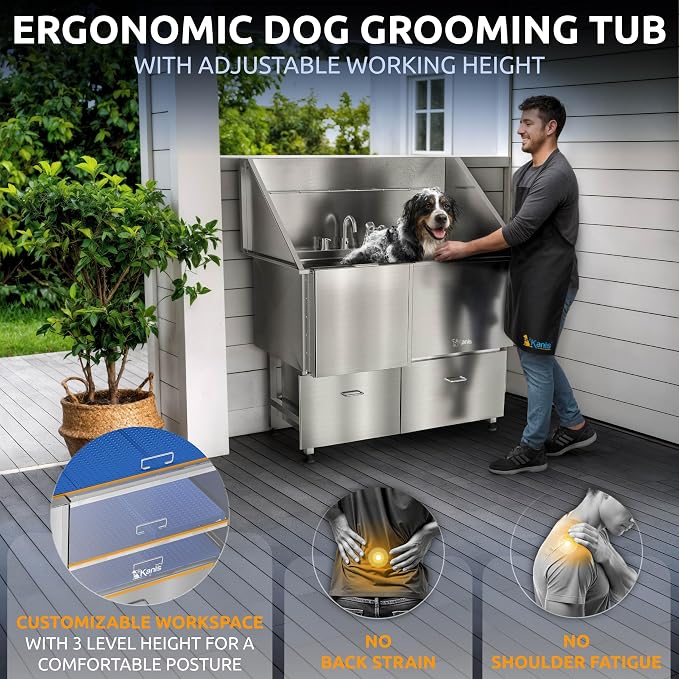 Professional Dog Washing Station 304 Stainless Steel Pet Wash Sink | Grooming Bathtub w/Shower, Floor Grates and Storage for Large, Medium & Small Pets