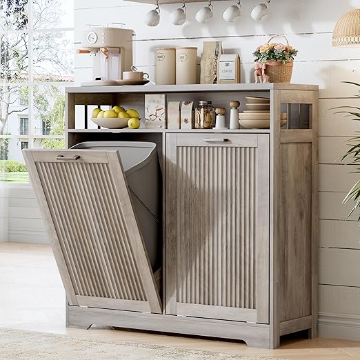 Pet-Proof Double 13 Gallon Tilt Out Trash Can Cabinet with Open Storage – Hide Garbage & Recycling Bins to Keep Your Kitchen Clean and Organized,Wood Grey