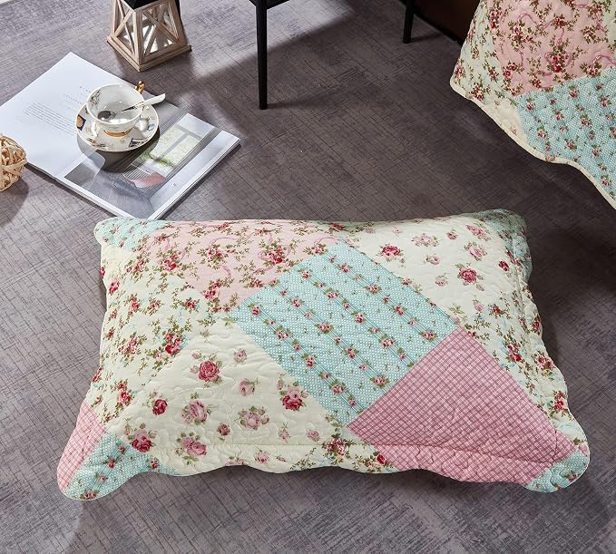 Brilliant Sunshine Pink & Green Roses Pillowshams Set, 20"x26"+2" | Patchwork Design, Quilted Standard Pillowcases, Washable Scallop Edge Pillow Covers, Pack of 2