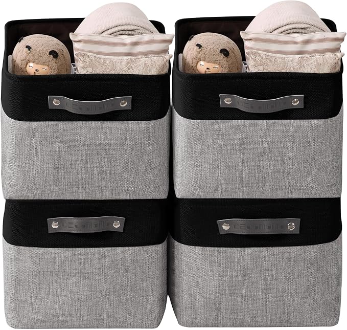 DECOMOMO Storage Bins, Large Fabric Storage Baskets for Shelves 4 Pack | 15 x 11 x 9.5 inches Decorative Linen Closet Organizers (Grey & Black)