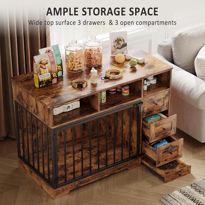 Heavy Duty Dog Crate Furniture, 48 Inch Modern Wooden Dog Kennel Indoor with Storage & 6 Drawers, Hidden Bowl, Sliding Lock End Table for Medium to Large Dogs