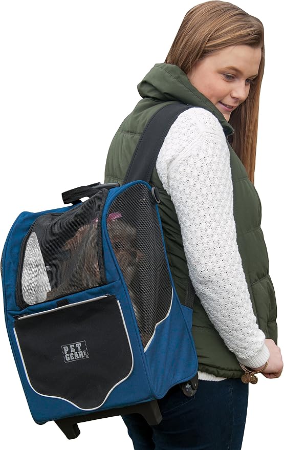Pet Gear I-GO2 Sport Roller Backpack, Travel Carrier, Car Seat for Cats/Dogs, Mesh Ventilation, Included Tether, Telescoping Handle, Storage Pouch, Navy