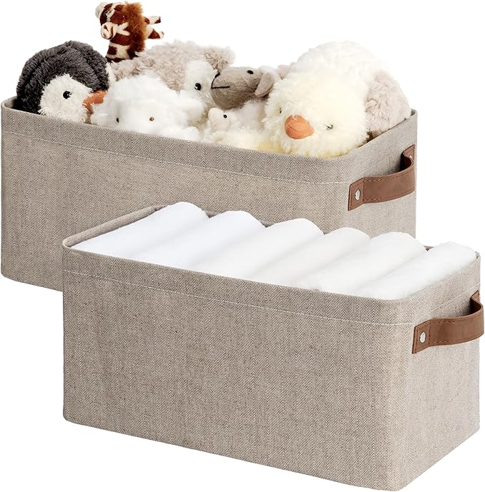 StorageWorks Narrow Storage Bins, Long Baskets, Brown and Beige, 2-Pack | With Metal Frame, Sturdy Structure, PU Handles, Toilet Paper Storage, Small Storage Bins, For Bathroom, Closet, Shelf