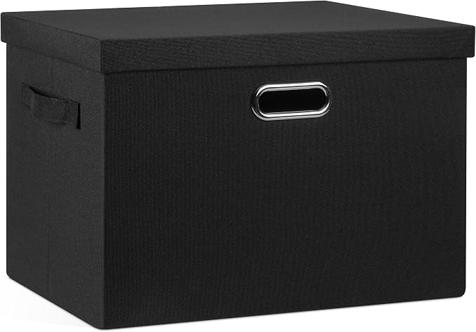 Graciadeco Large 17" 36 Quart Collapsible Stackable Storage Bins with Lids, 1 Pack Black Foldable Fabric Closet Storage Boxes with Lids, 4 Handles Heavy-duty Linen Cube Baskets for Bedroom | 36 Quart 1 Pack Black Collapsible Stackable Linen Fabric 4 Ha...