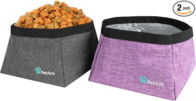 PetAmi Collapsible Dog Travel Bowls, Large Lightweight Foldable Bowl, Water Food Bowls for Pets Dogs for Hiking, Camping, Backpacking, Kibble, 2 Pack (Purple, Grey)