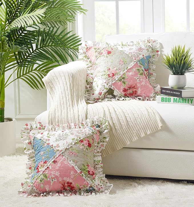 Brilliant Sunshine Multi Peach & Olive Flowers Ruffle Shams Set, 18"x18" | Patchwork Design with Ruffles, Quilted Pillow Covers, Washable Throw Cushion Cases for Couchs and Beds, Pack of 2