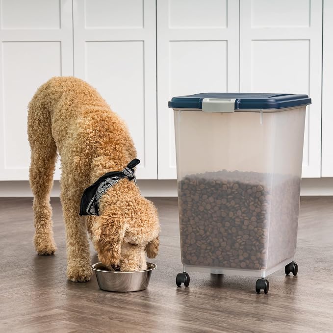 IRIS USA Dog Food Storage Container, Up to 54 lbs, Navy, Made in USA | Wheels for Mobility, Airtight Seal, BPA-Free, Best for Bird Seed, Cat food, Cat Litter, Chicken Feed, Pellets