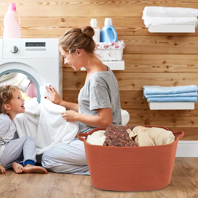 XUANGUO Large Rectangle Woven Cotton Rope Blanket Basket 22"x17"x12" Rustic | Storage basket for nursery and living room; toy basket for kids, dog toy storage, or laundry basket for clothes and towels.