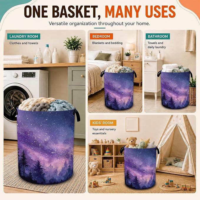 Galaxy Laundry Basket,Purple Forest Foldable Oxford Laundry Hamper with Handles,Collapsible Clothes Storage Bucket Tote Bag for Laundry Room,Bathroom,Bedroom,Dorm