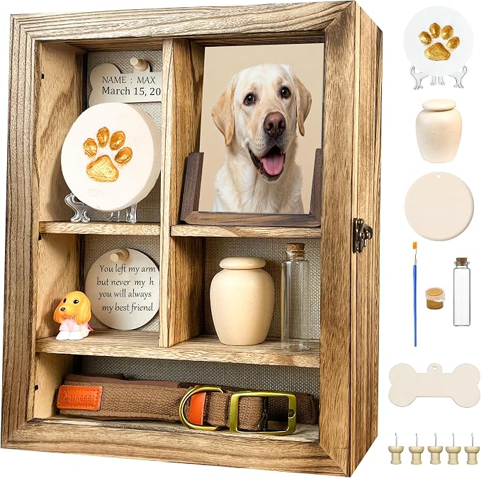 Solid Wood 11x14 Pet Memorial Shadow Box Frame with Adjustable Shelves Paw Print Kit Pet Urn Ashes Display Case Brown Dog Memorial Gifts for Loss of Dog