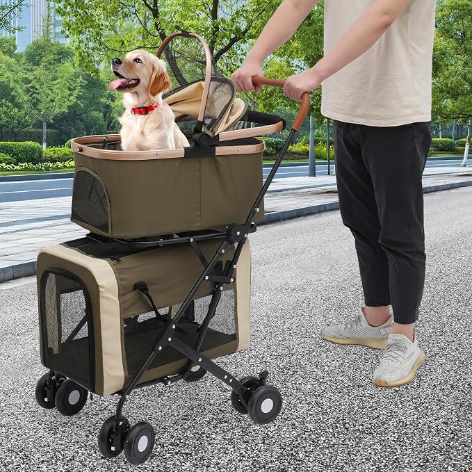 Double Dog Stroller for 2 Small & Medium Pets, Double Pet Stroller with Detachable Carriers, Foldable Dog Stroller for 2 Dogs, Two-Seater Carrier Dog Walk Jogger Travel Pet Carriage Cart (Dark Green)