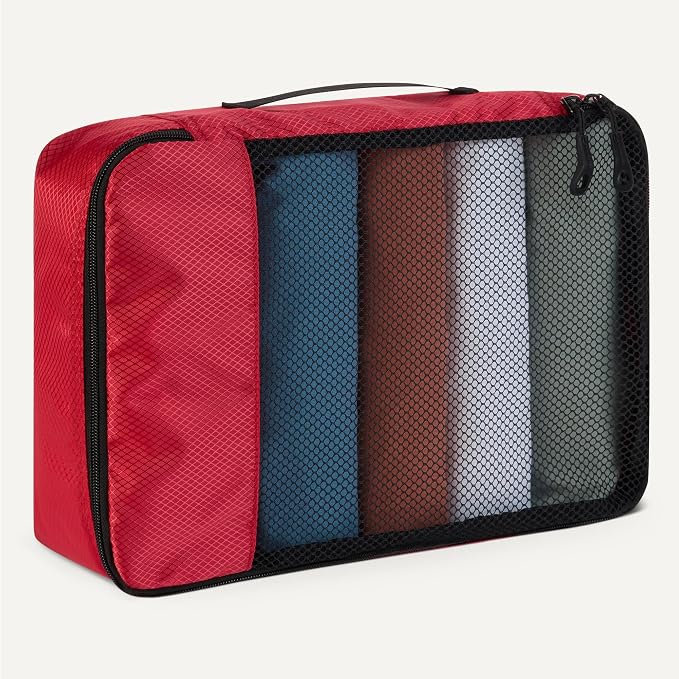 Amazon Essentials 4-Piece Packing Cubes Travel Accessories Set, Luggage Organizer with Double Zipper, Mesh Top, Space-Saving, Medium, Red (Previously Amazon Basics)